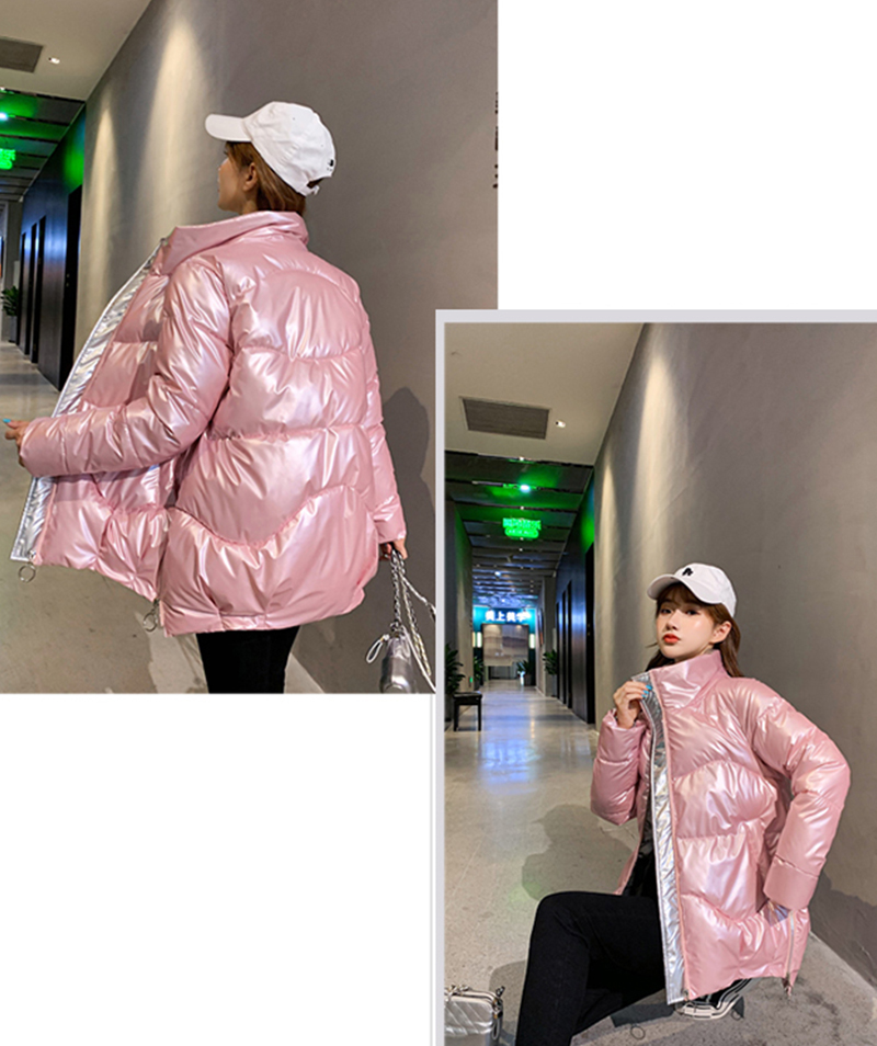 Shiny Female Parkas Winter Thick Solid Plus Size Womens Jacket Loose Stand Collar Glossy Cotton Padded Outwear Casual Coat Lady