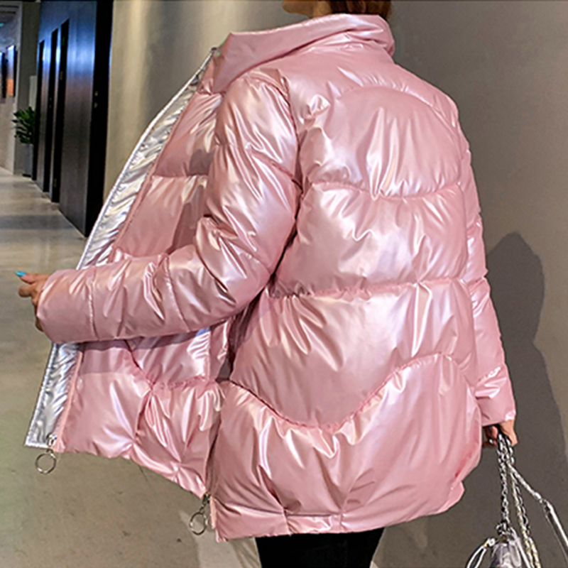 Shiny Female Parkas Winter Thick Solid Plus Size Womens Jacket Loose Stand Collar Glossy Cotton Padded Outwear Casual Coat Lady