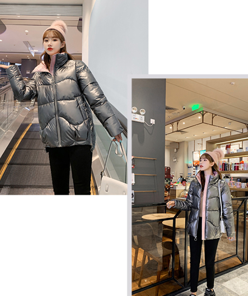 Shiny Female Parkas Winter Thick Solid Plus Size Womens Jacket Loose Stand Collar Glossy Cotton Padded Outwear Casual Coat Lady