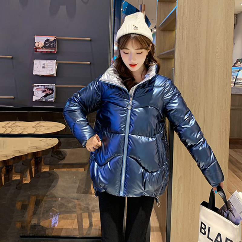 Shiny Female Parkas Winter Thick Solid Plus Size Womens Jacket Loose Stand Collar Glossy Cotton Padded Outwear Casual Coat Lady