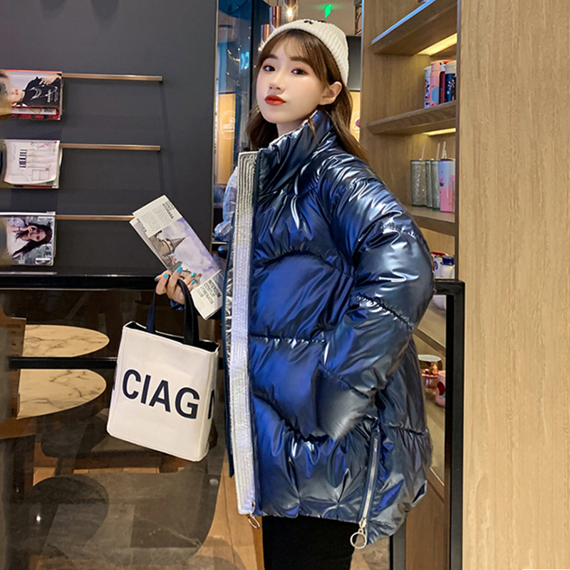 Shiny Female Parkas Winter Thick Solid Plus Size Womens Jacket Loose Stand Collar Glossy Cotton Padded Outwear Casual Coat Lady