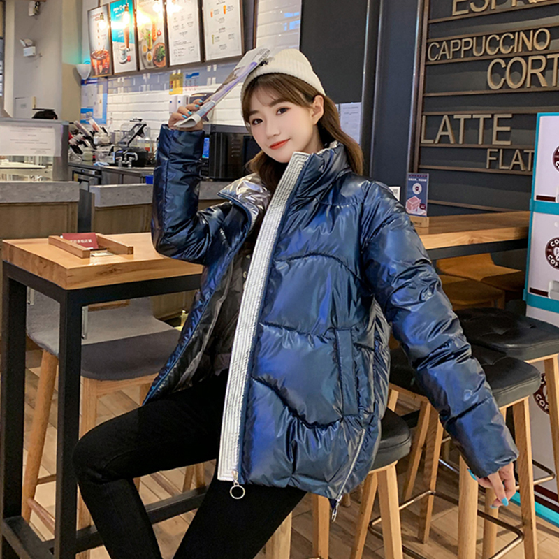 Shiny Female Parkas Winter Thick Solid Plus Size Womens Jacket Loose Stand Collar Glossy Cotton Padded Outwear Casual Coat Lady