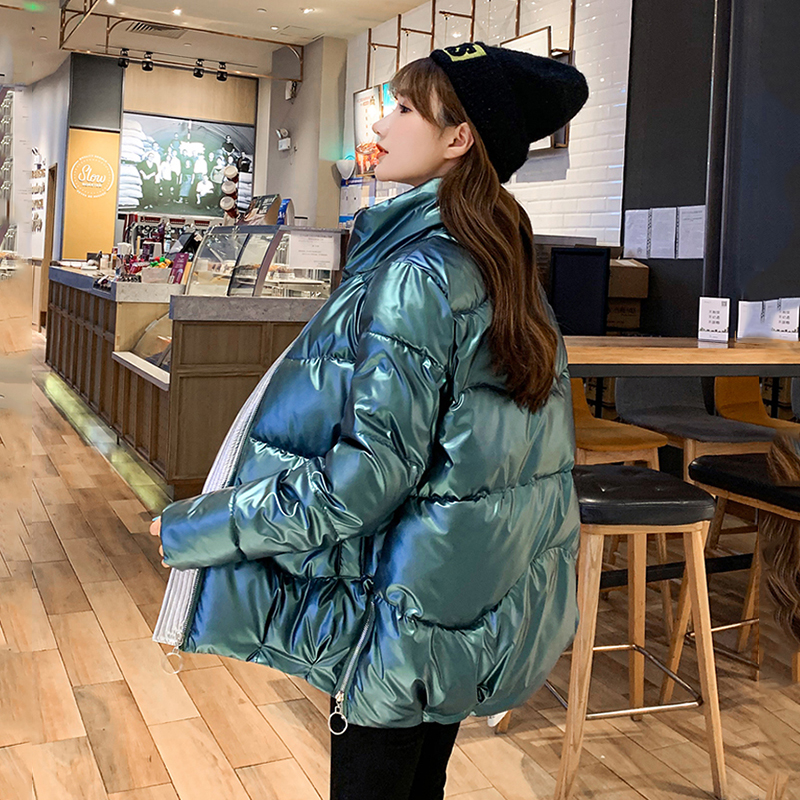 Shiny Female Parkas Winter Thick Solid Plus Size Womens Jacket Loose Stand Collar Glossy Cotton Padded Outwear Casual Coat Lady