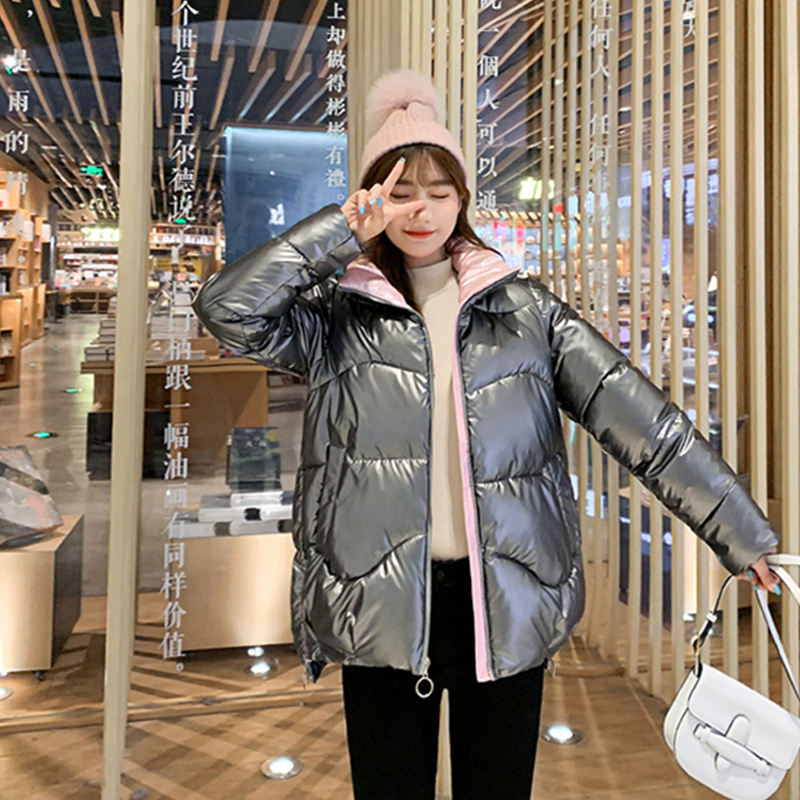 Shiny Female Parkas Winter Thick Solid Plus Size Womens Jacket Loose Stand Collar Glossy Cotton Padded Outwear Casual Coat Lady