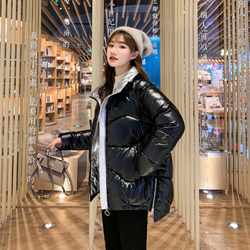 Shiny Female Parkas Winter Thick Solid Plus Size Womens Jacket Loose Stand Collar Glossy Cotton Padded Outwear Casual Coat Lady