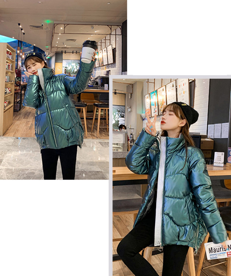 Shiny Female Parkas Winter Thick Solid Plus Size Womens Jacket Loose Stand Collar Glossy Cotton Padded Outwear Casual Coat Lady