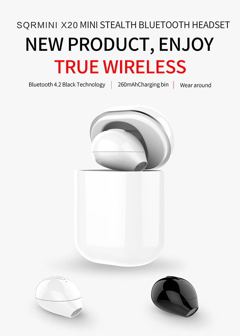 Sqrmini x20 ultra mini wireless single earphone hidden small bluetooth 3 hours music play button control earbud with charge case