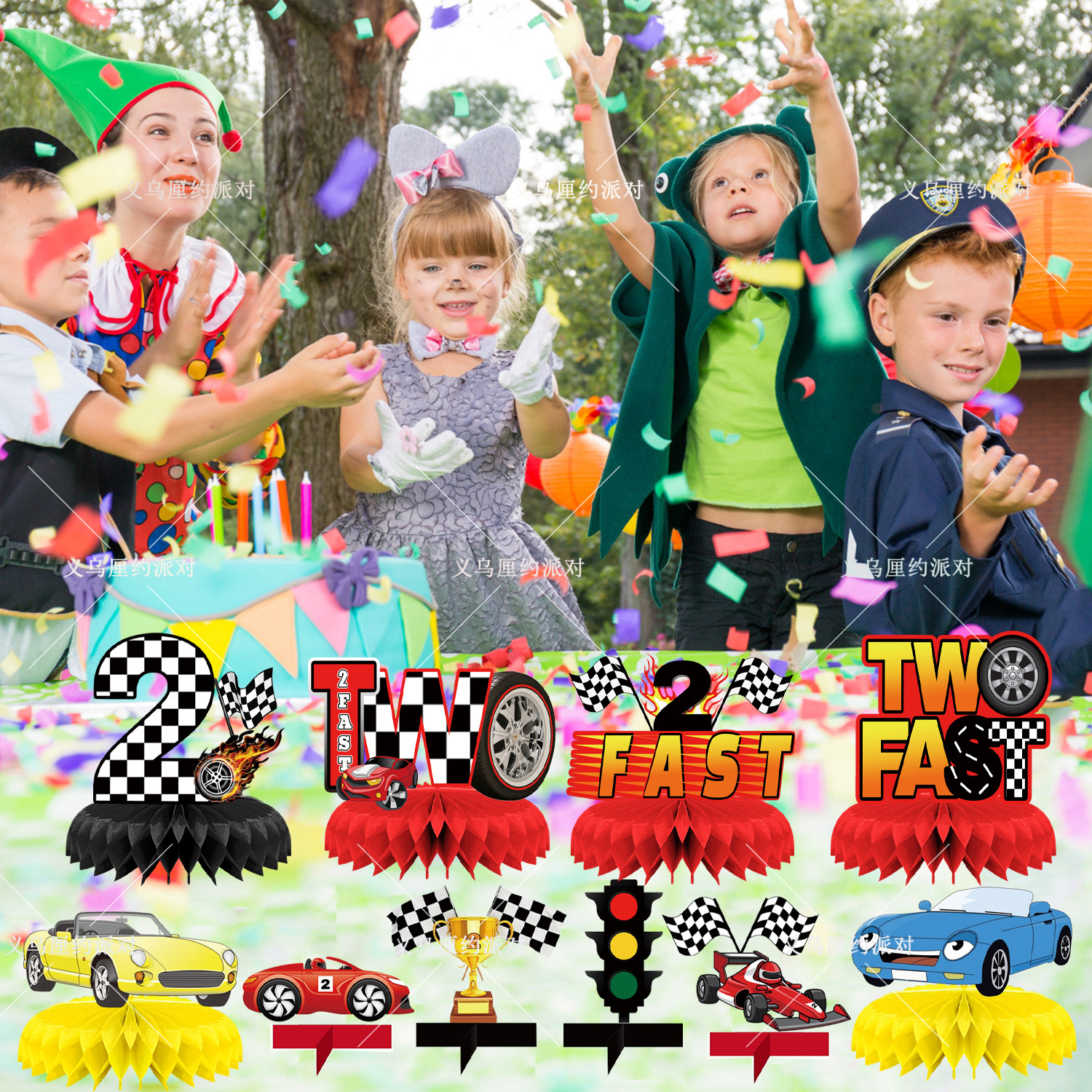 8 Centres De Table Nid D'Abeille 'Two Fast 2' Voiture Course - Thème Anniversaire Garçon 2 Ans - Décor Bleu Noir Cool