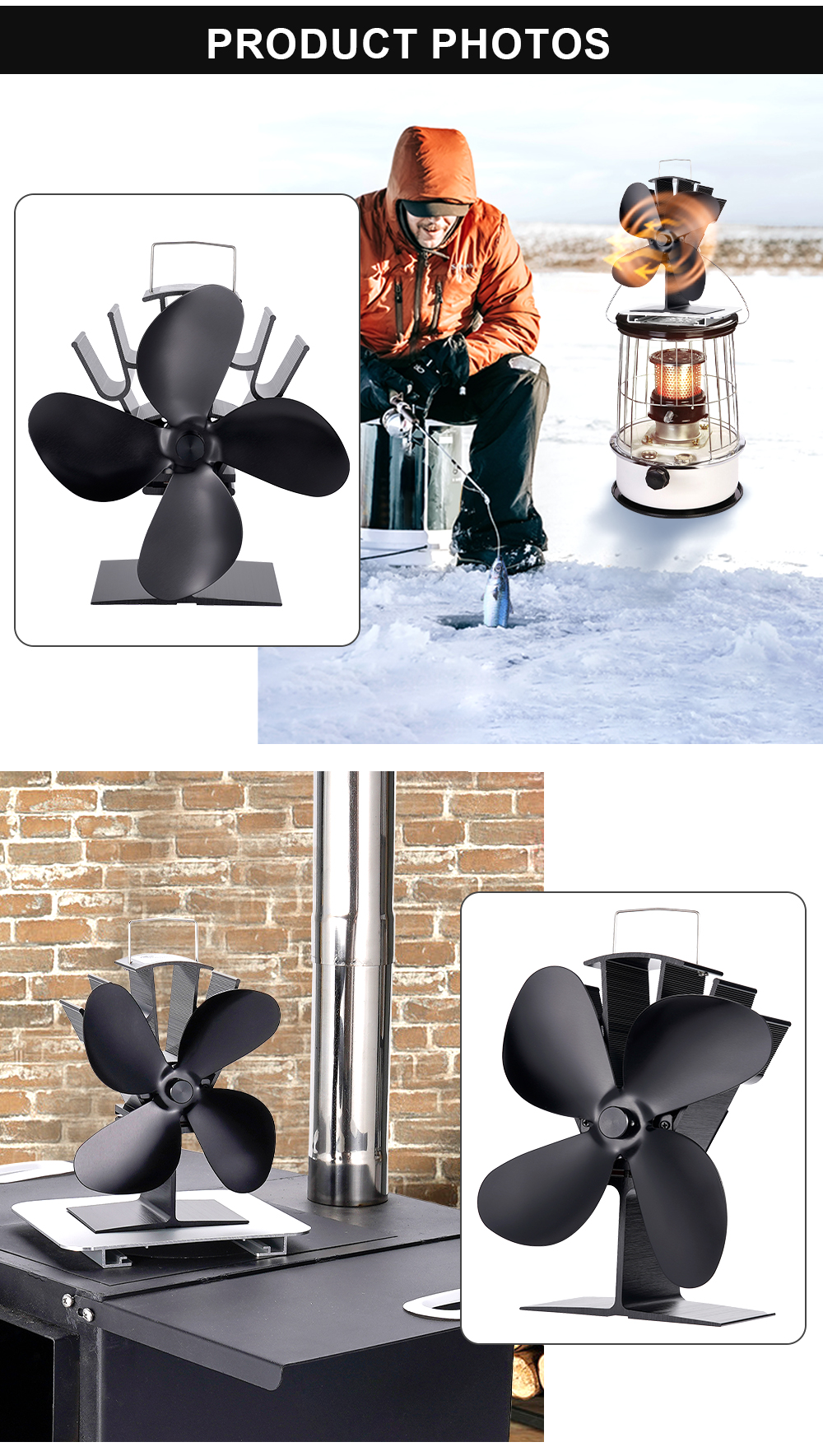 Heat Powered Wood Stove Fan - 4 Blade Non-Electric Fireplace Fan For Better Heat Circulation
