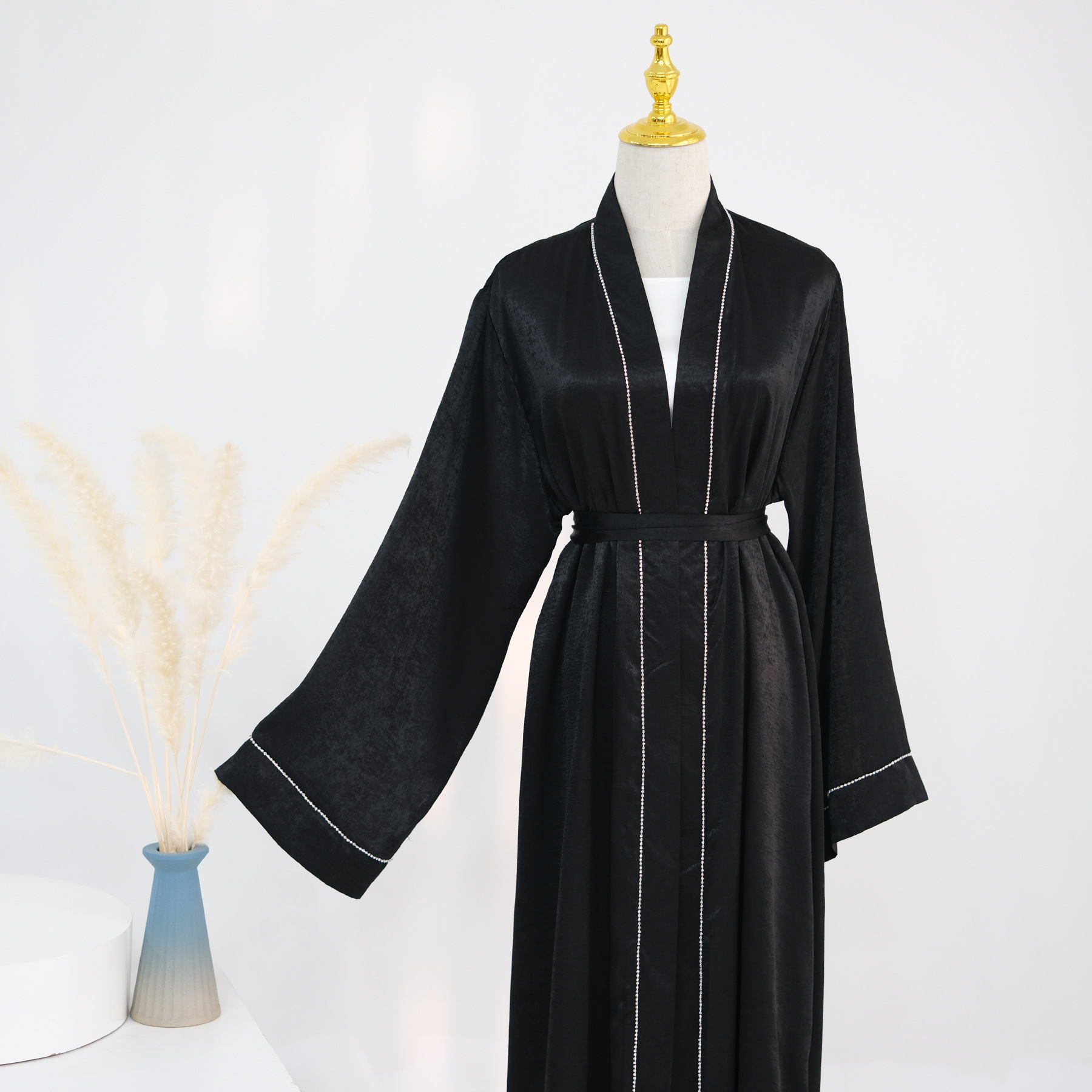 Muslim Women Long Robe Cardigan Solid Color Trimmed Abaya Islamic Arab Burqas