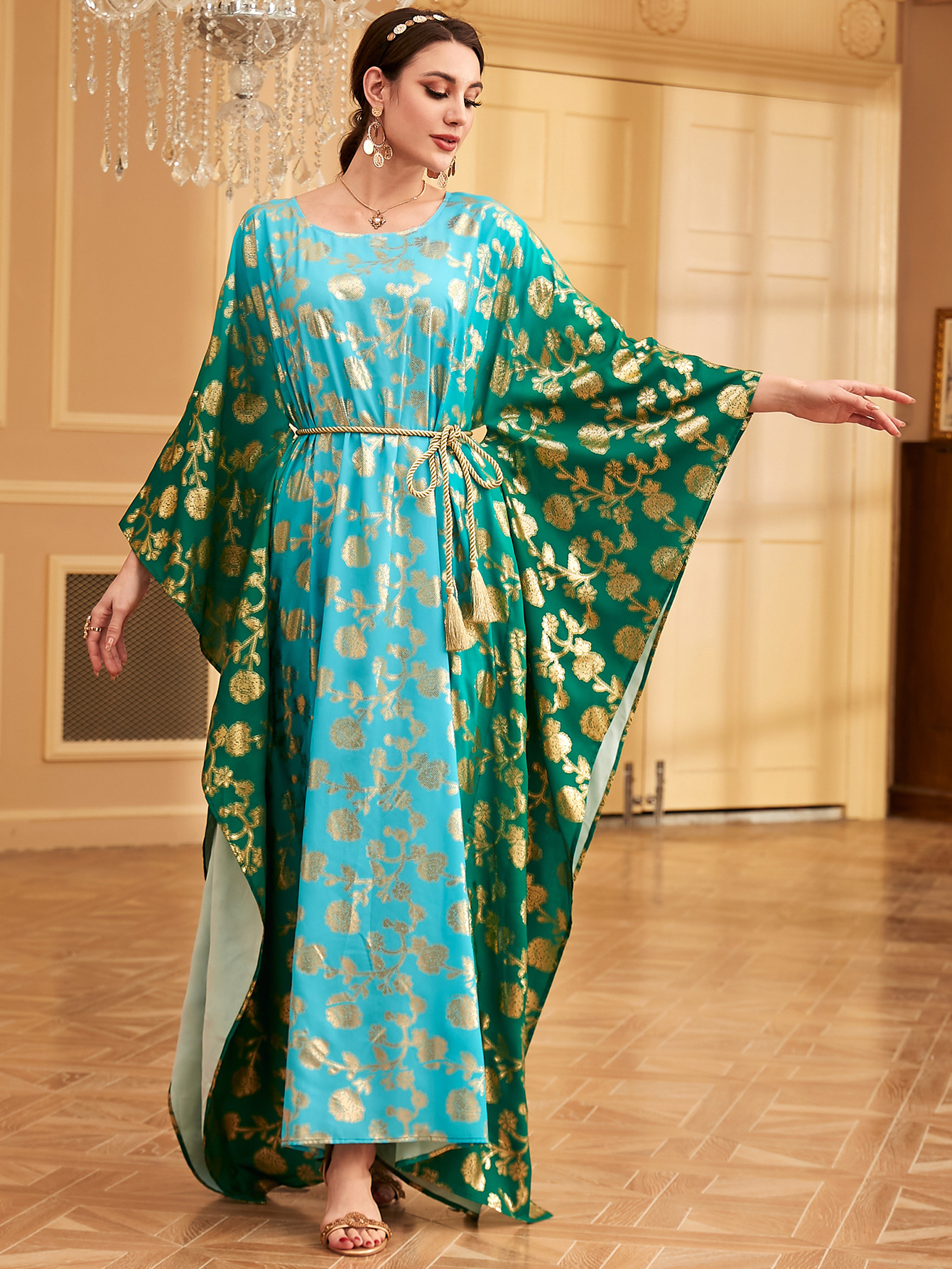 Vintage Dress Ethnic Kaftan Bat Sleeve Muslim Islamic Clothing Dubai Party Gown - Picture 9 of 12