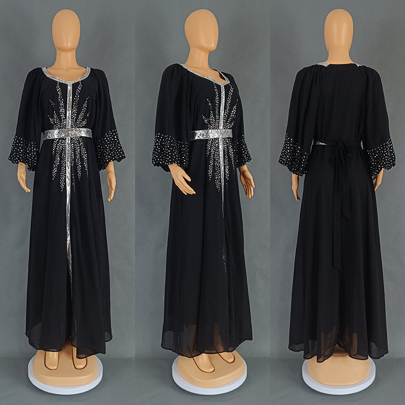 Women Fashion Dress Hot Drill Sequin Gown Chiffon with Belt Muslim Dubai Burqa