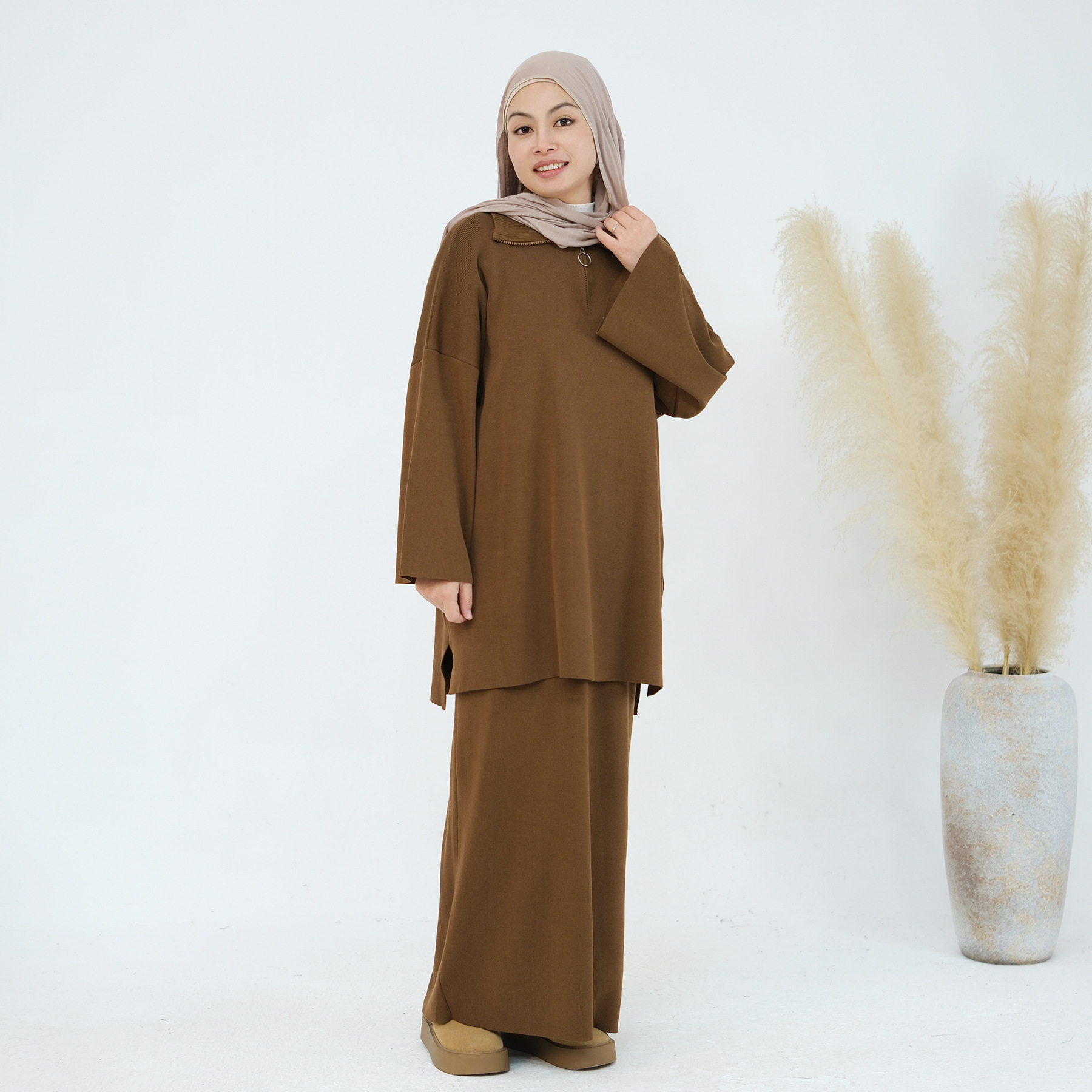 2-teiliges Set muslimische Abaya Winter Damen Pullover Rock islamische Strickkleidung Dubai - Bild 58 von 59