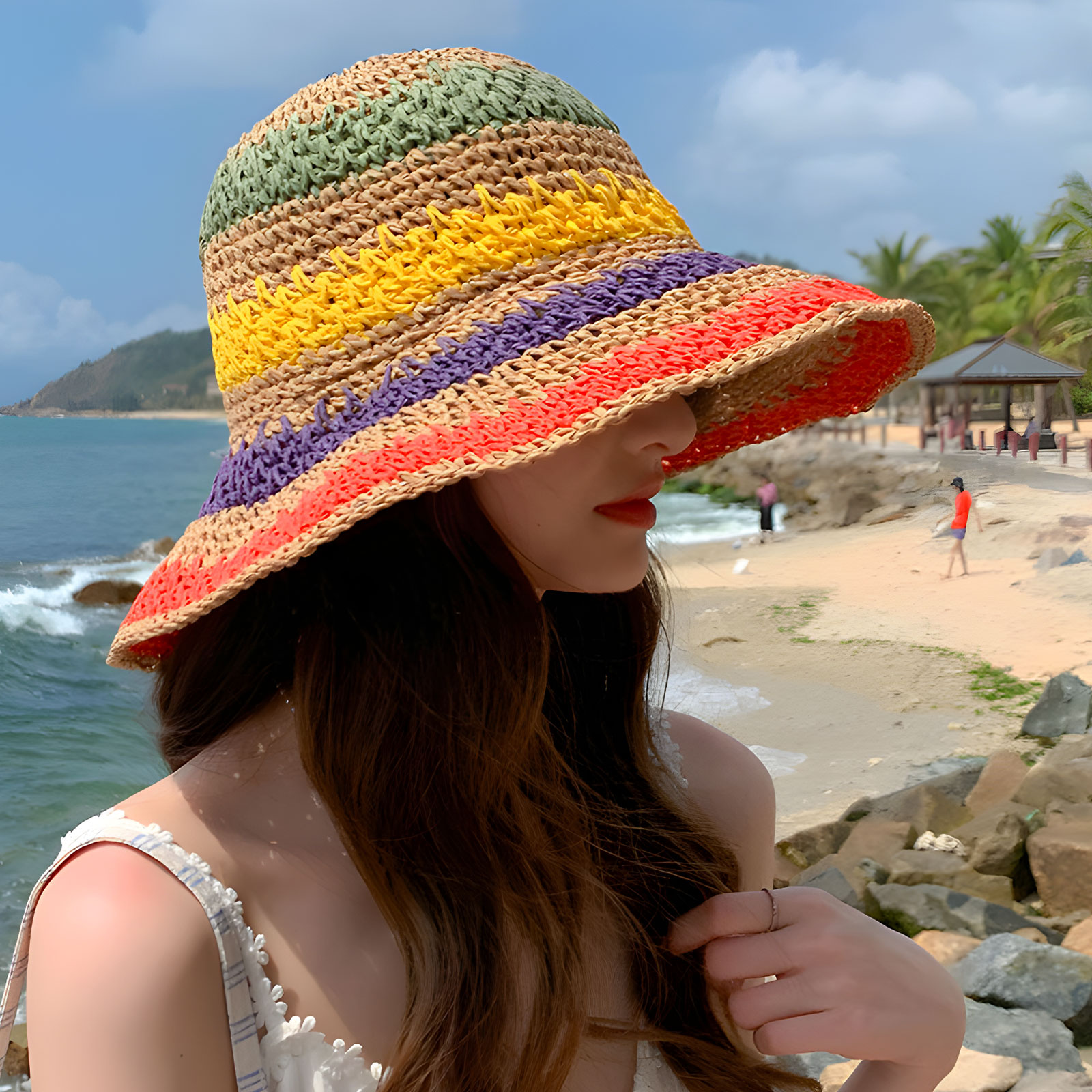 Striped Straw Hat Wide Large Brim Women UV Protection Summer Beach