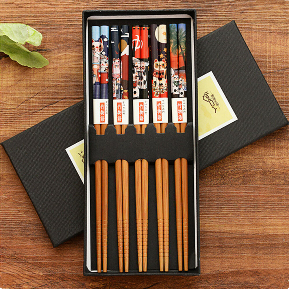 5 Pairs Reusable Chopsticks Japanese Natural Wooden Hand-Carved Chop Sticks - Picture 10 of 14