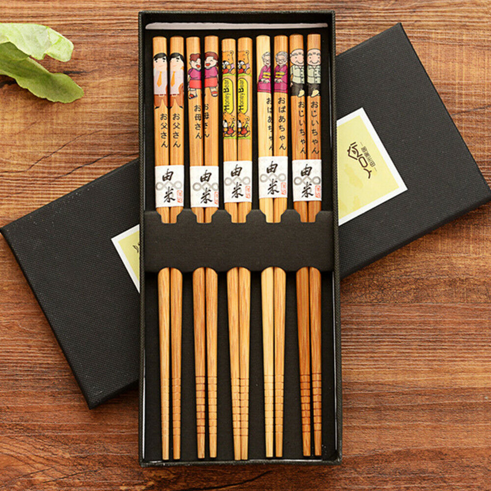 5 Pairs Reusable Chopsticks Japanese Natural Wooden Hand-Carved Chop Sticks - Picture 11 of 14