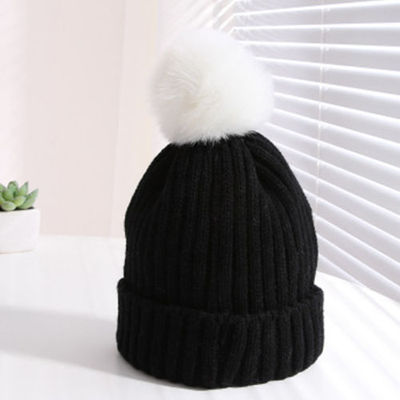 Kids Winter Solid Woolen Ball Knitted Hat Stripe Versatile Children Ski Cap - Picture 10 of 15