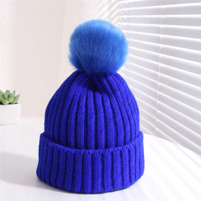 Kids Winter Solid Woolen Ball Knitted Hat Stripe Versatile Children Ski Cap - Picture 11 of 15