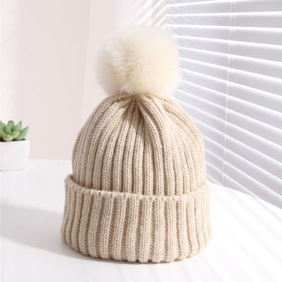 Kids Winter Solid Woolen Ball Knitted Hat Stripe Versatile Children Ski Cap - Picture 12 of 15