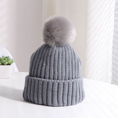Kids Winter Solid Woolen Ball Knitted Hat Stripe Versatile Children Ski Cap - Picture 15 of 15