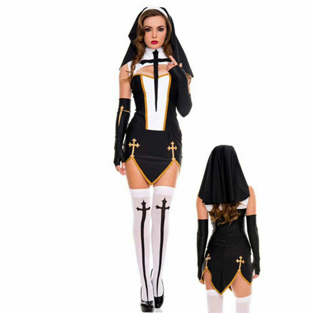 Halloween sexy Frauen Nonne Kostüm mit Strumpf religiöse Schwester Party Kleid - Bild 9 von 10