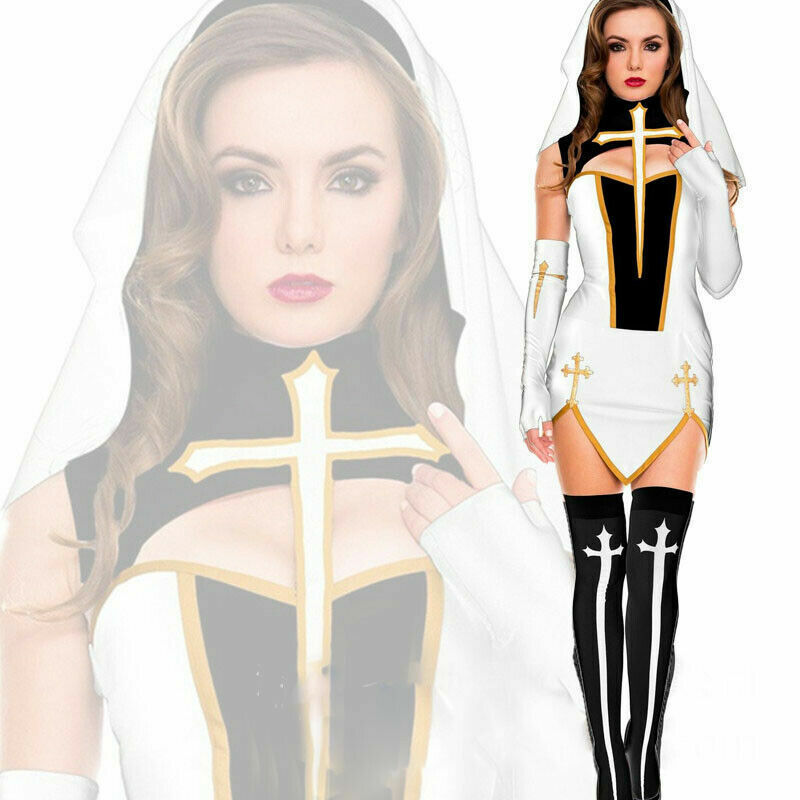 Halloween sexy Frauen Nonne Kostüm mit Strumpf religiöse Schwester Party Kleid - Bild 10 von 10