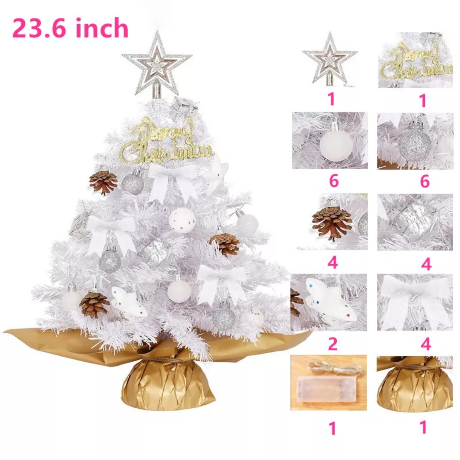 Small Mini Pink Christmas Tree with Light 2ft Tabletop Pine Xmas Tree Ornaments - Picture 11 of 13