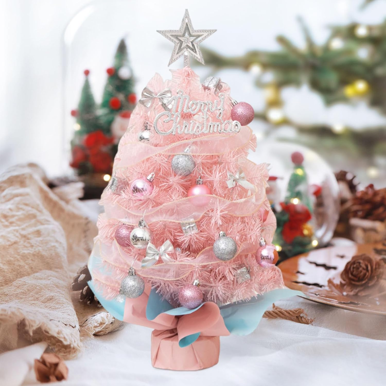 Small Mini Pink Christmas Tree with Light 2ft Tabletop Pine Xmas Tree Ornaments - Picture 9 of 13