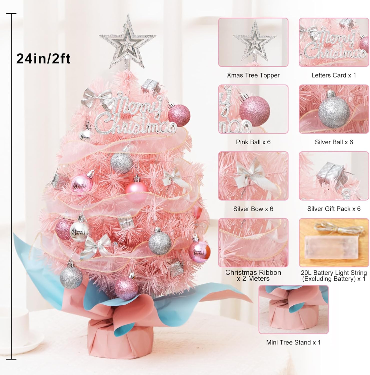 Small Mini Pink Christmas Tree with Light 2ft Tabletop Pine Xmas Tree Ornaments - Picture 10 of 13