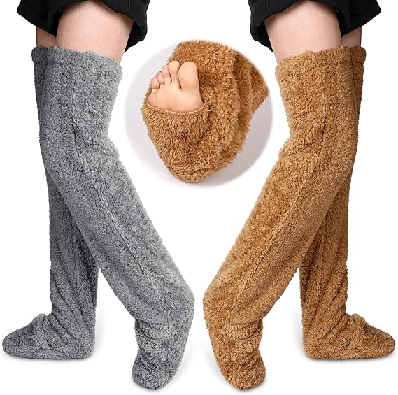 2 Pairs Over Knee High Fuzzy Socks Plush Slipper Stocking Warmers Sleeping Socks - Picture 11 of 14