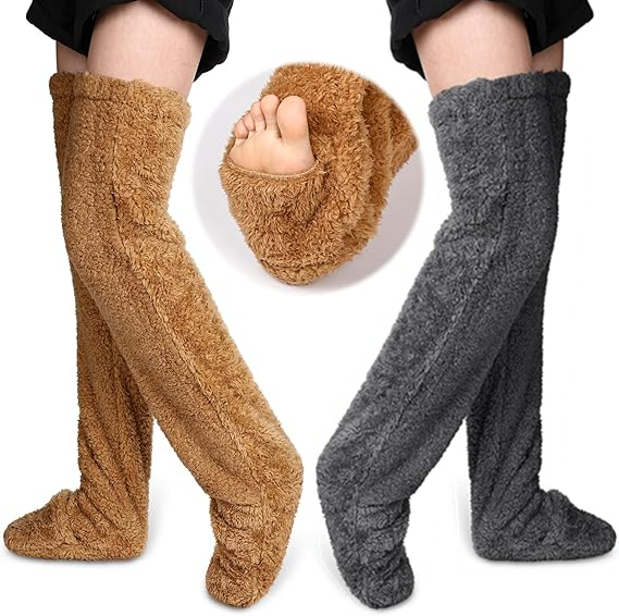 2 Pairs Over Knee High Fuzzy Socks Plush Slipper Stocking Warmers Sleeping Socks - Picture 12 of 14