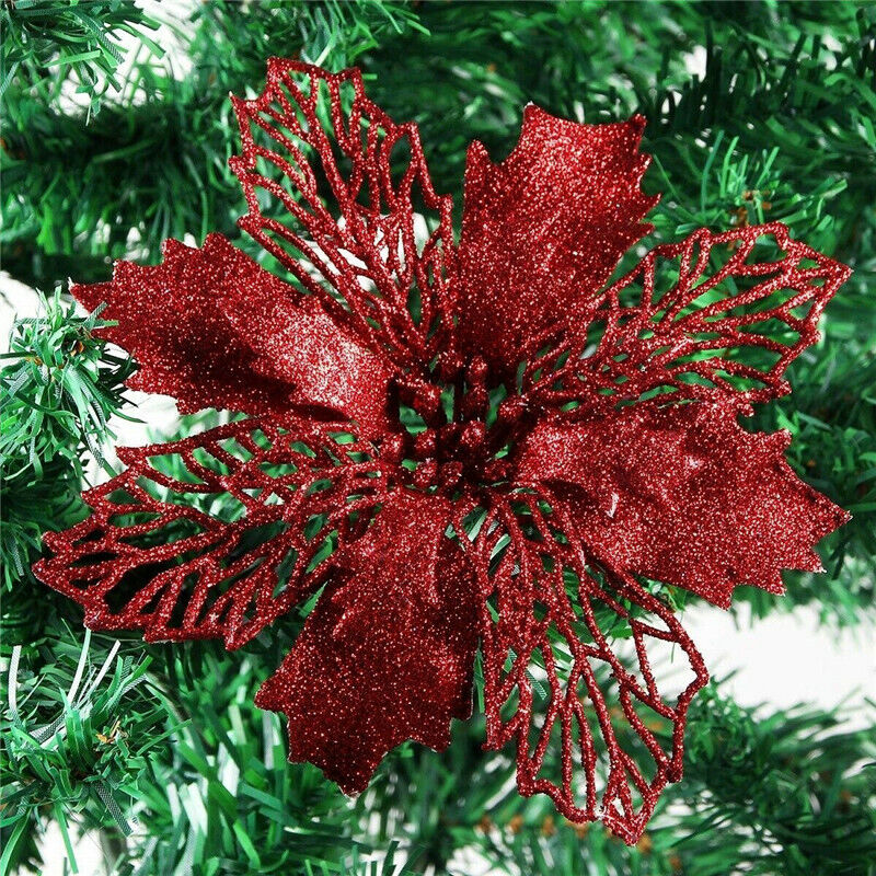 20Pcs Glitter Christmas Poinsettia Hanging Flowers Xmas Party Tree Decoration US - Picture 11 of 15