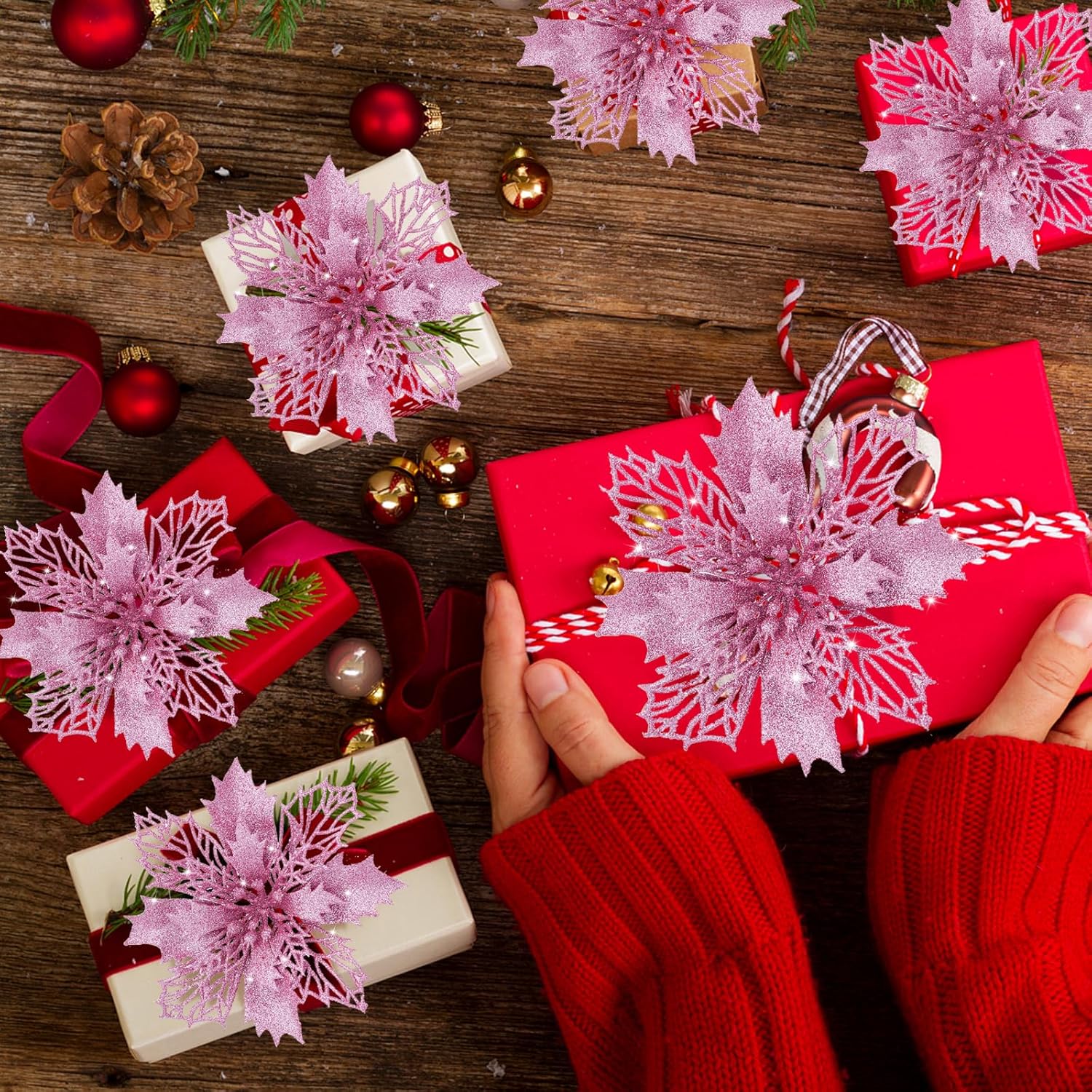 20Pcs Glitter Christmas Poinsettia Hanging Flowers Xmas Party Tree Decoration US - Picture 12 of 15