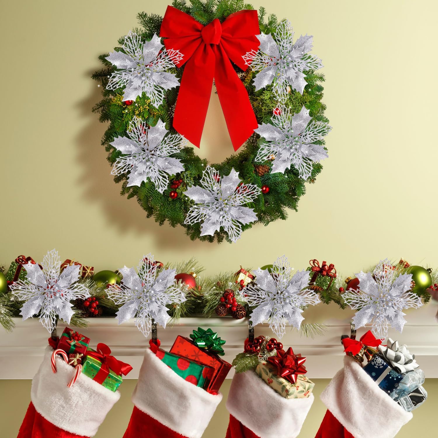 20Pcs Glitter Christmas Poinsettia Hanging Flowers Xmas Party Tree Decoration US - Picture 13 of 15