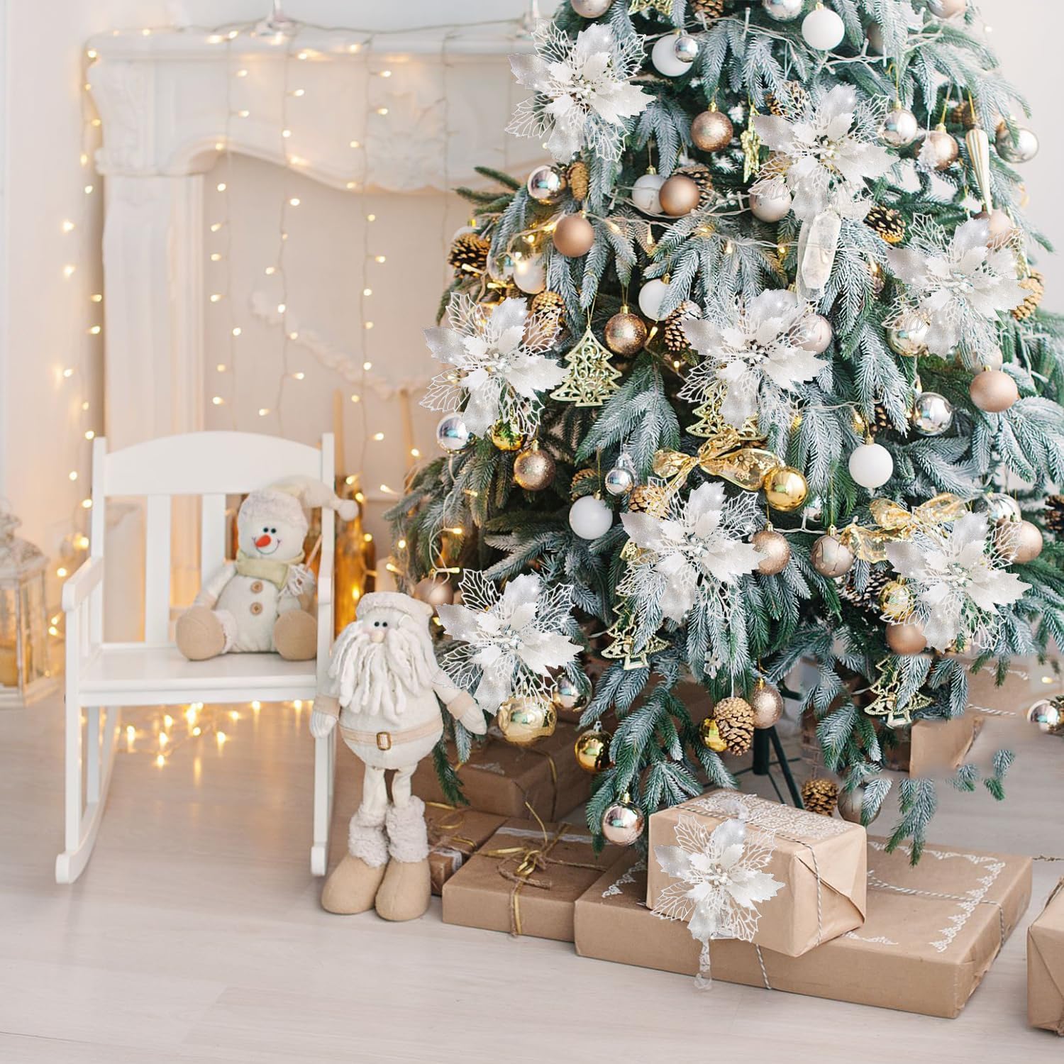 20Pcs Glitter Christmas Poinsettia Hanging Flowers Xmas Party Tree Decoration US - Picture 14 of 15