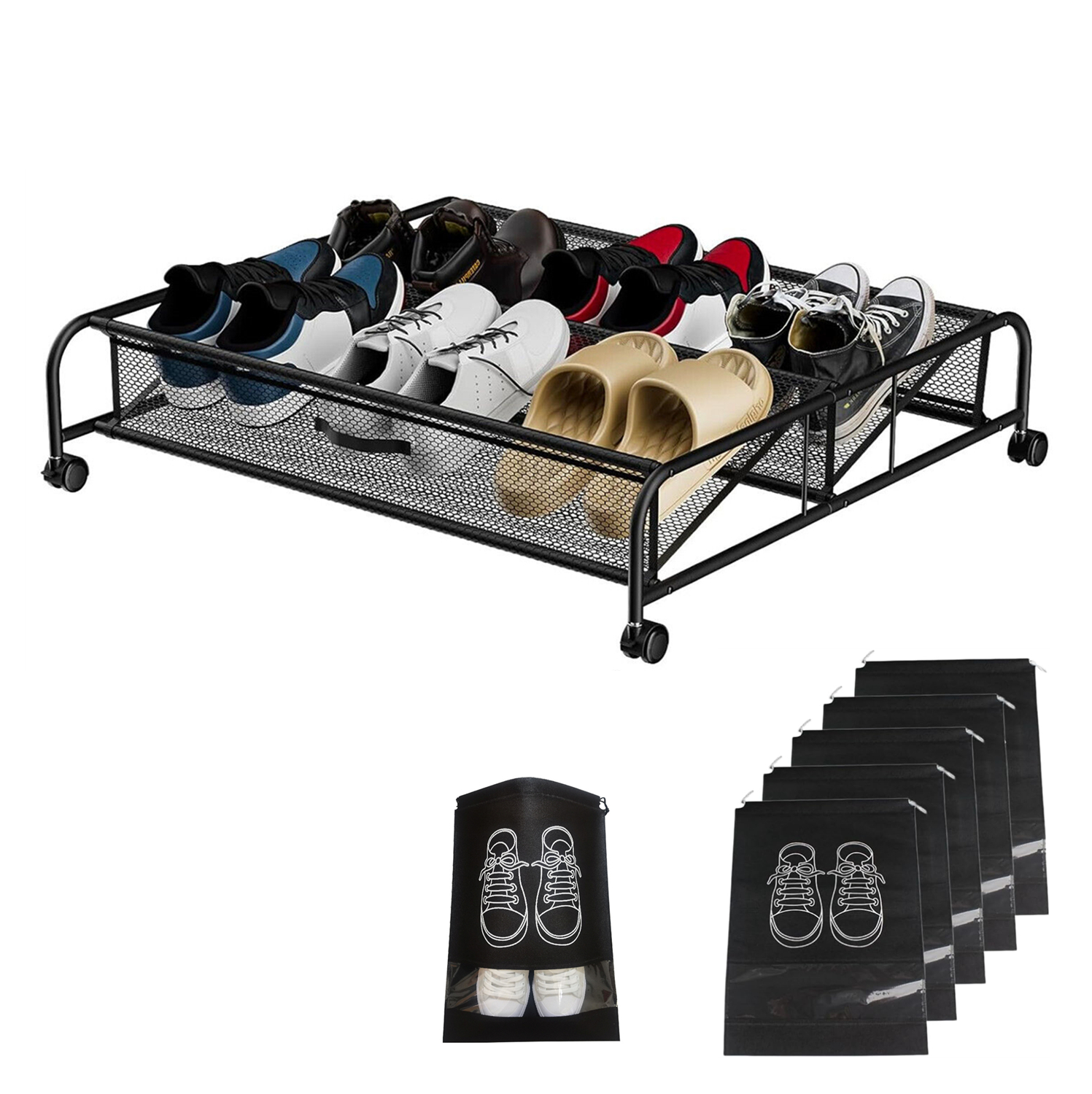 Unterbett Schuhaufbewahrung mit Rollen Metall Schuhregal Organizer mit 5 Schuhbeuteln - Bild 11 von 12