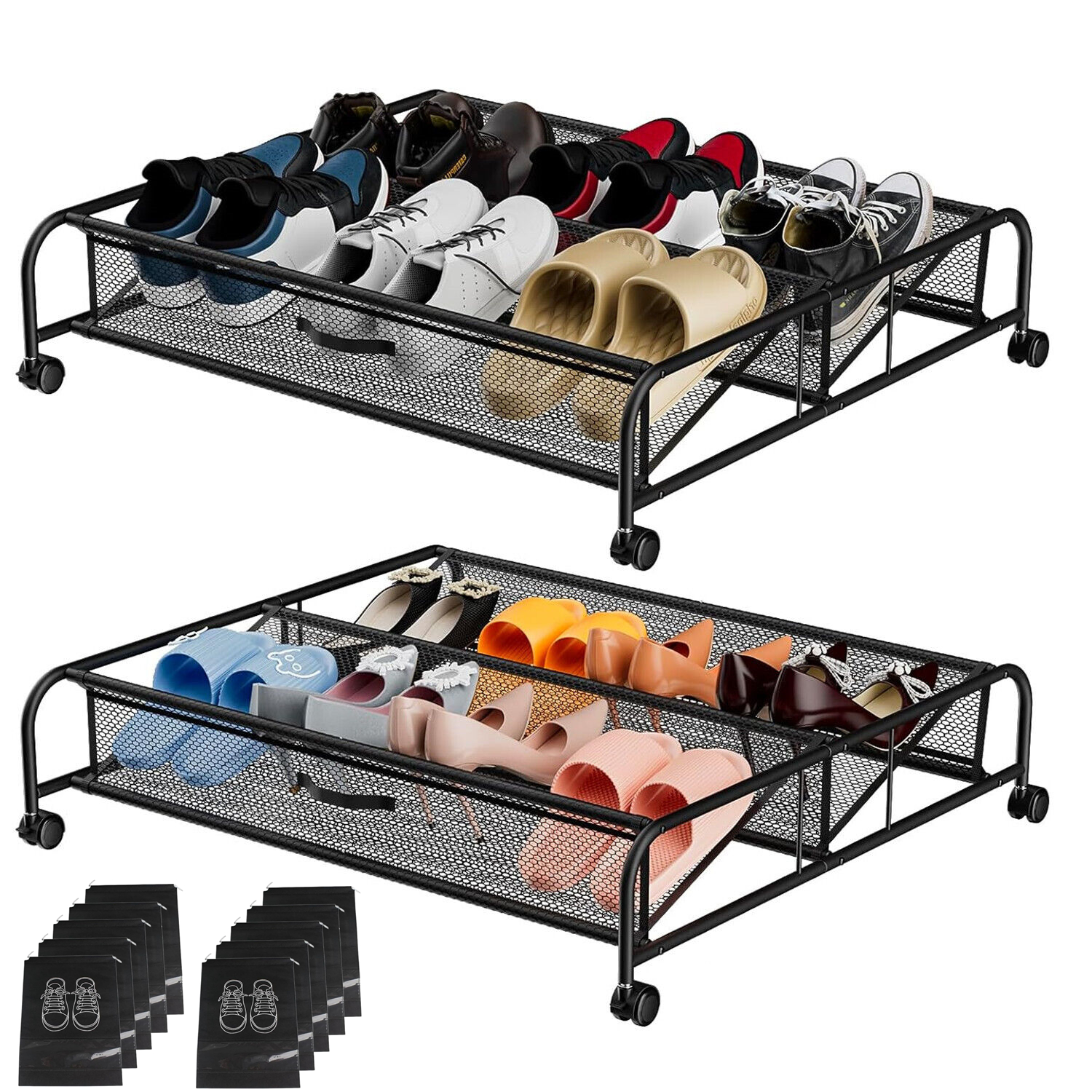 Unterbett Schuhaufbewahrung mit Rollen Metall Schuhregal Organizer mit 5 Schuhbeuteln - Bild 12 von 12