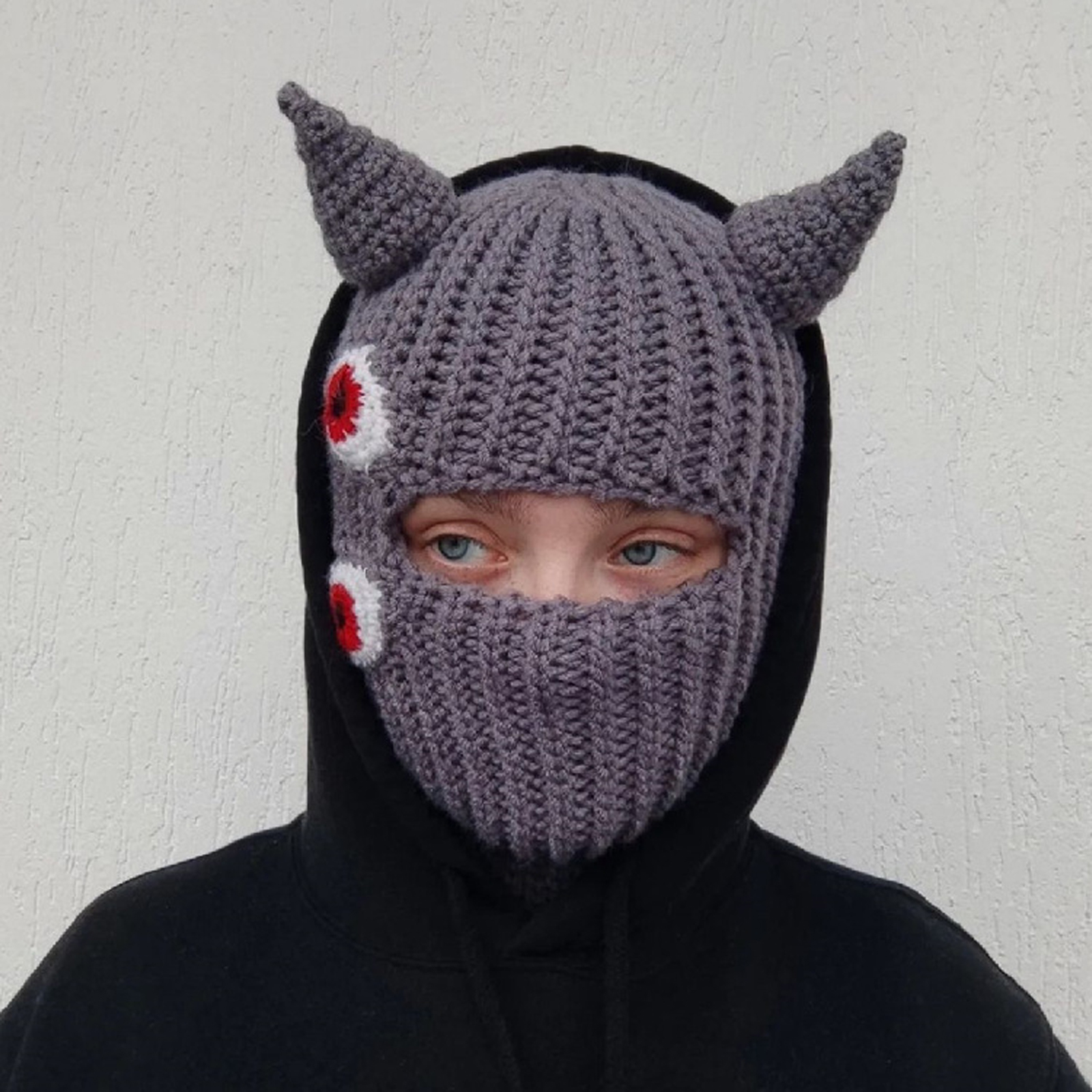 Knit Balaclava Hat with Cowhorn Full Face Mask Halloween Costume Headwear Unisex - Picture 25 of 73