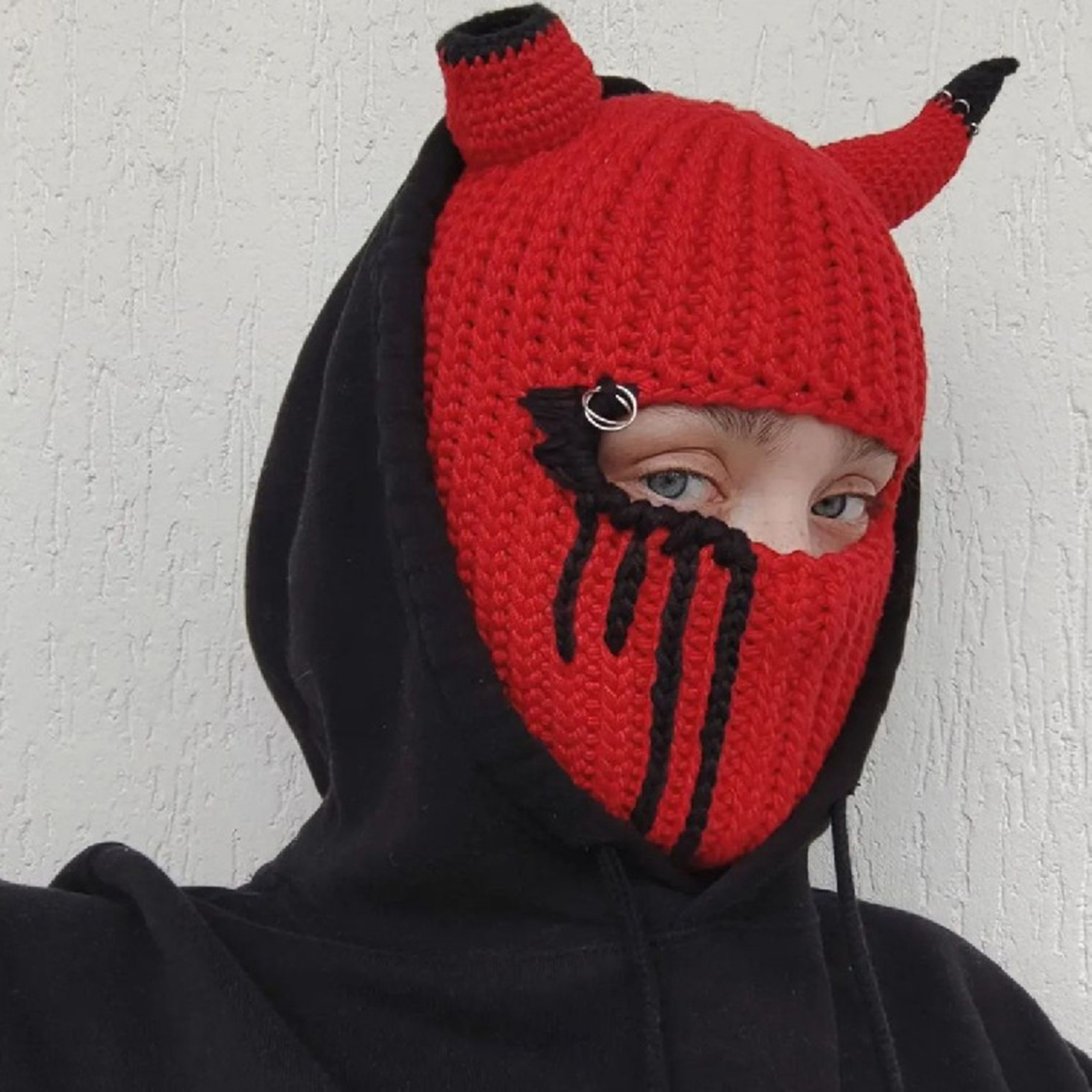 Knit Balaclava Hat with Cowhorn Full Face Mask Halloween Costume Headwear Unisex - Picture 30 of 73
