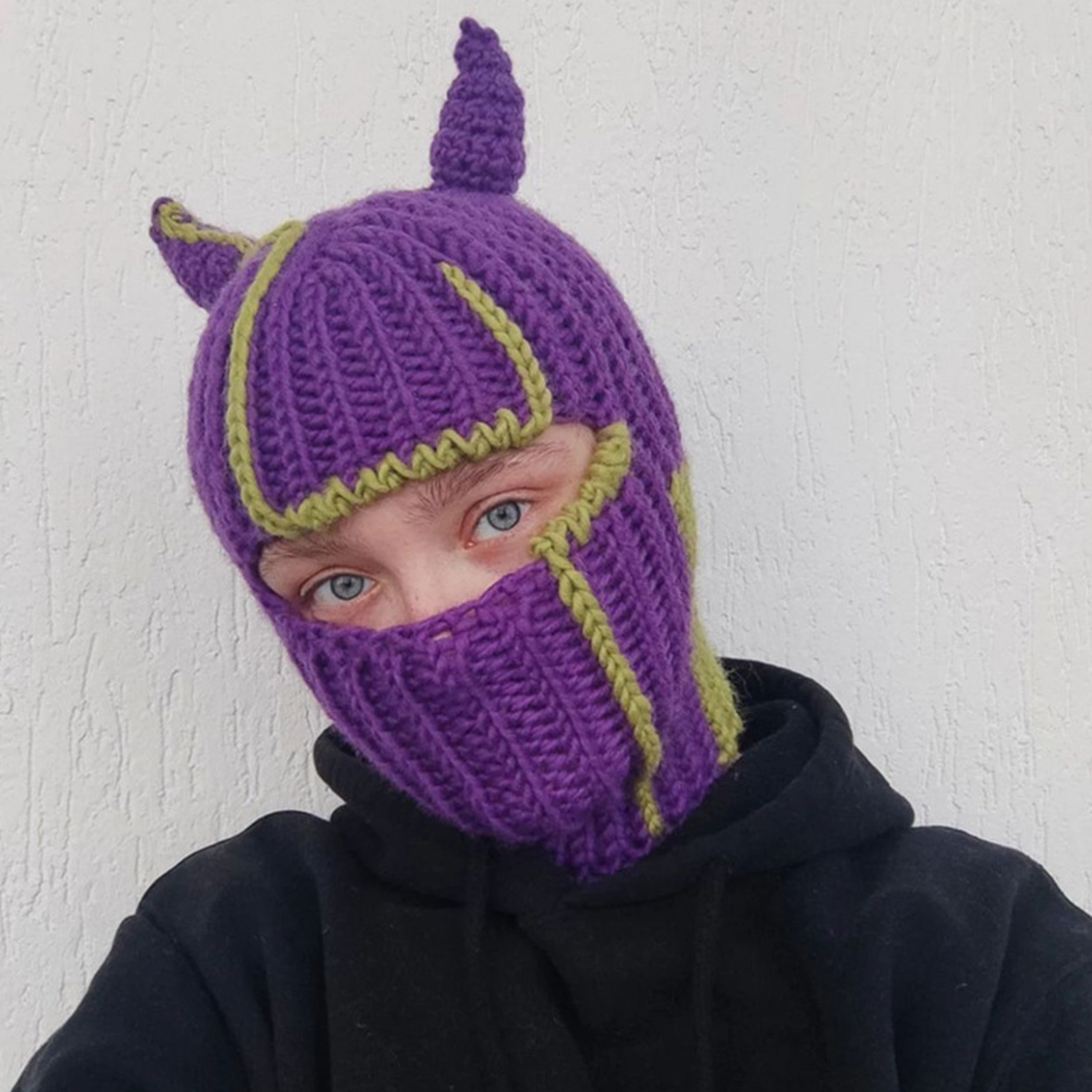 Knit Balaclava Hat with Cowhorn Full Face Mask Halloween Costume Headwear Unisex - Picture 37 of 73