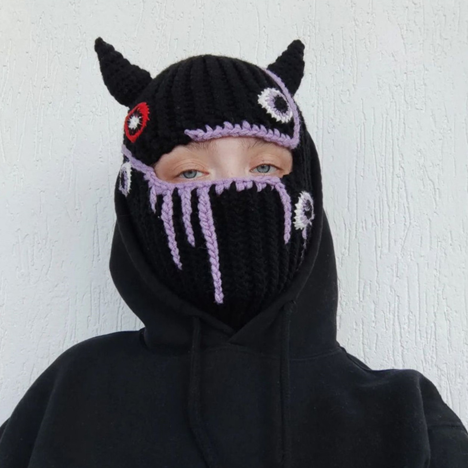 Knit Balaclava Hat with Cowhorn Full Face Mask Halloween Costume Headwear Unisex - Picture 38 of 73