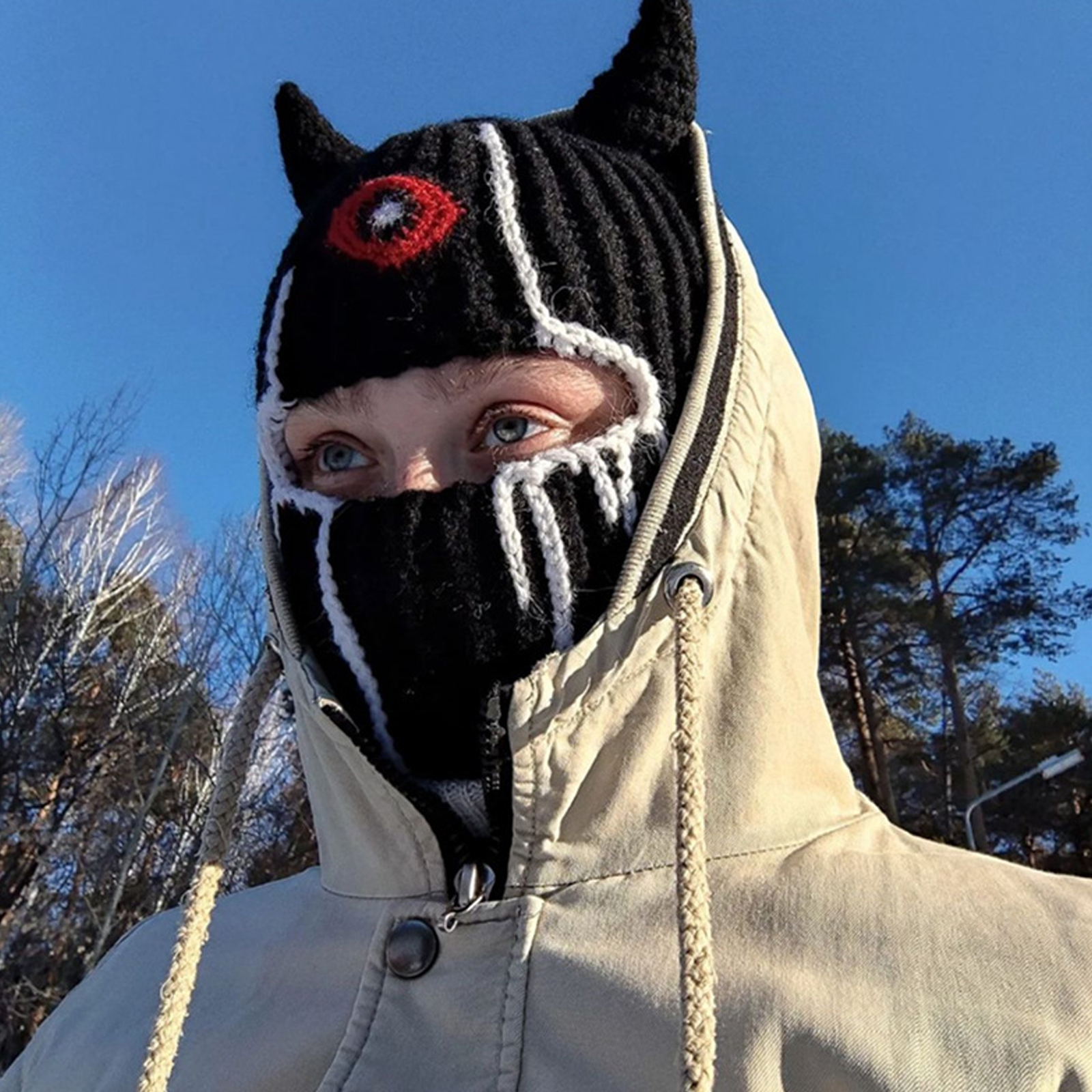 Knit Balaclava Hat with Cowhorn Full Face Mask Halloween Costume Headwear Unisex - Picture 39 of 73