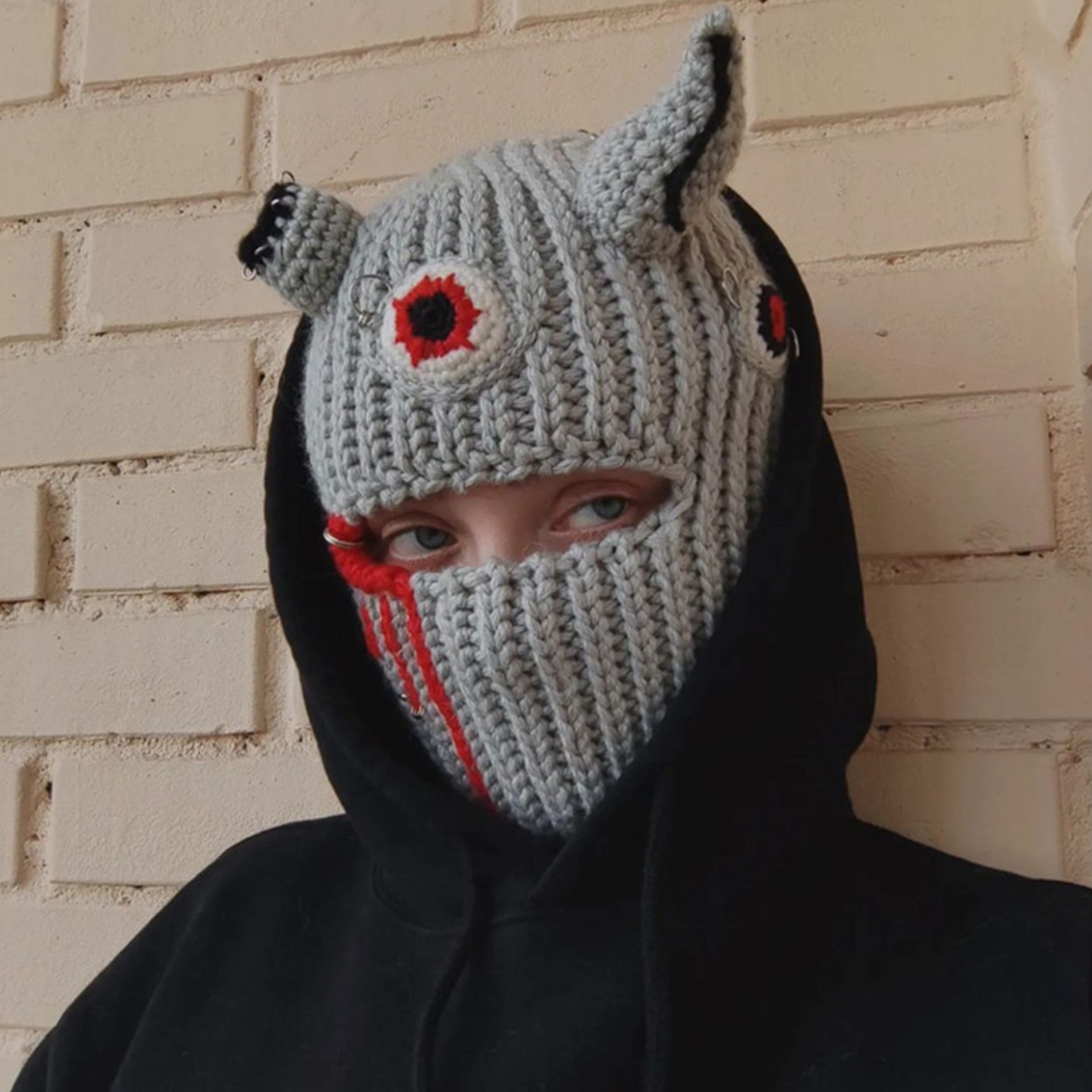 Knit Balaclava Hat with Cowhorn Full Face Mask Halloween Costume Headwear Unisex - Picture 44 of 73