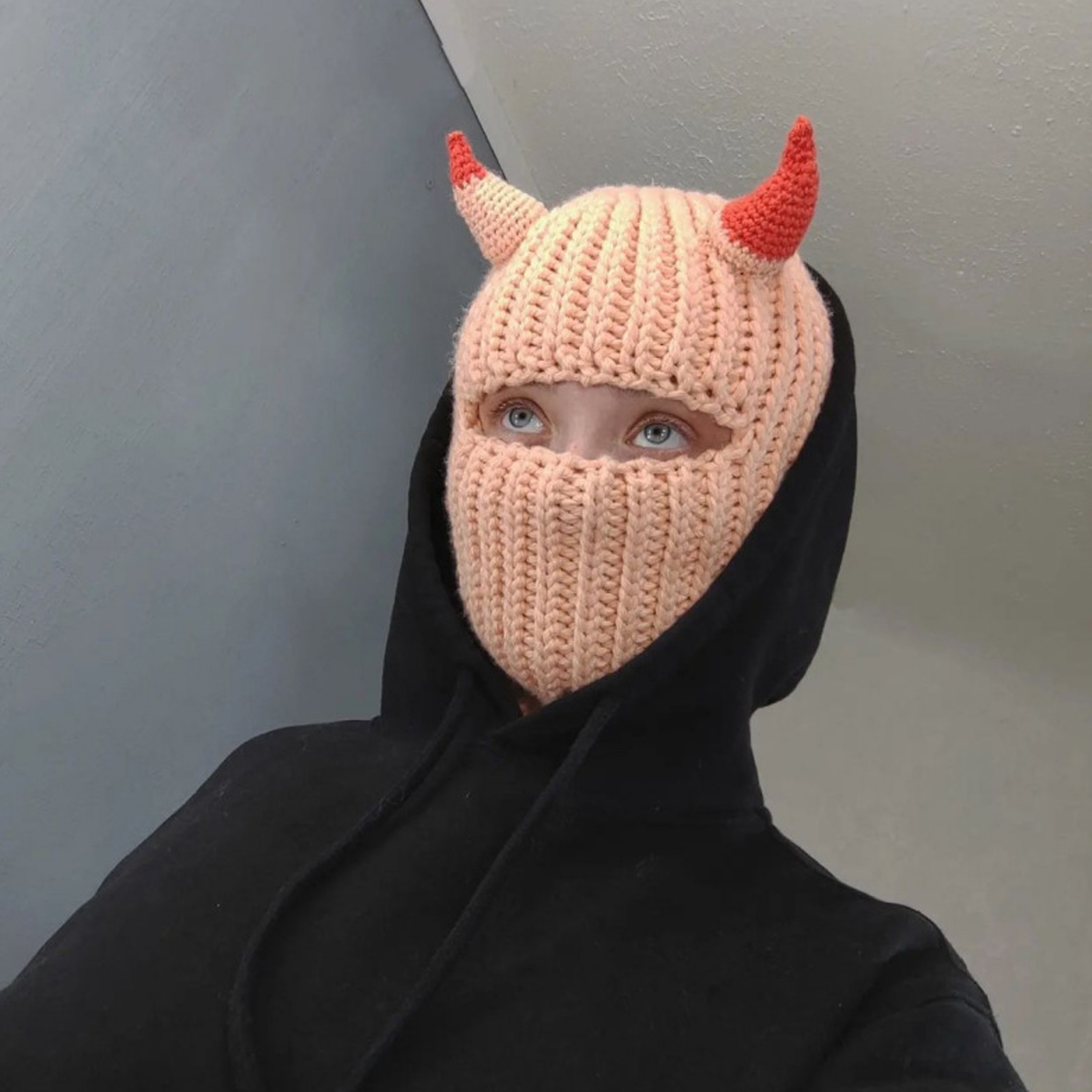 Knit Balaclava Hat with Cowhorn Full Face Mask Halloween Costume Headwear Unisex - Picture 45 of 73