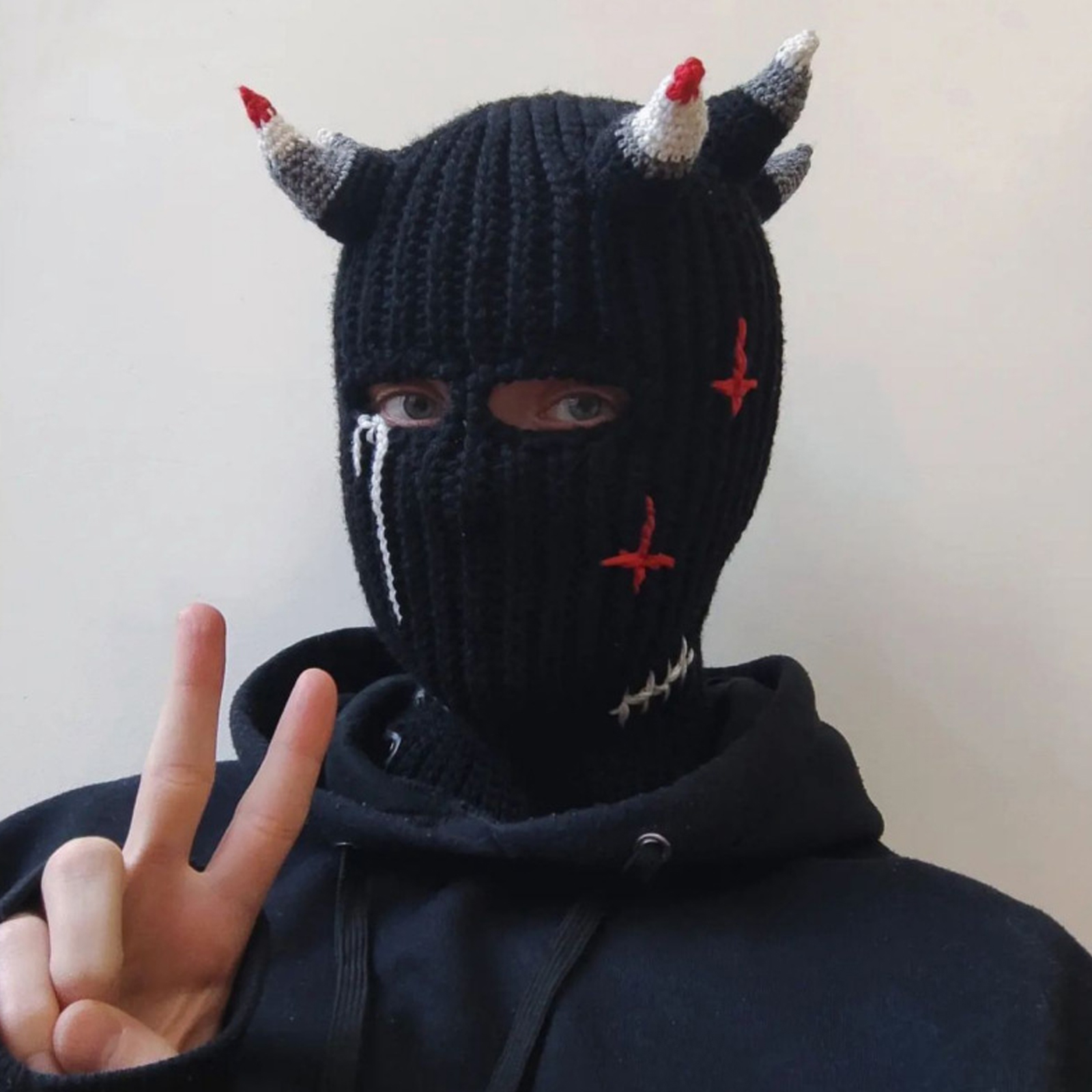 Knit Balaclava Hat with Cowhorn Full Face Mask Halloween Costume Headwear Unisex - Picture 46 of 73