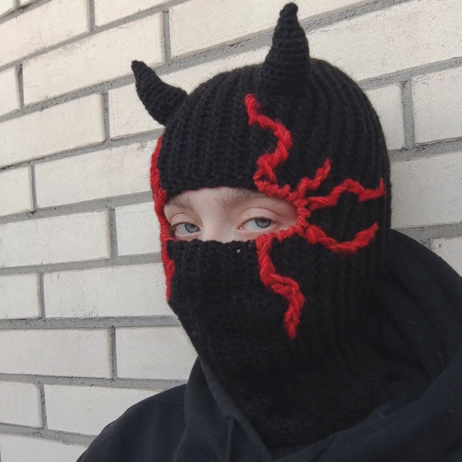 Knit Balaclava Hat with Cowhorn Full Face Mask Halloween Costume Headwear Unisex - Picture 60 of 73