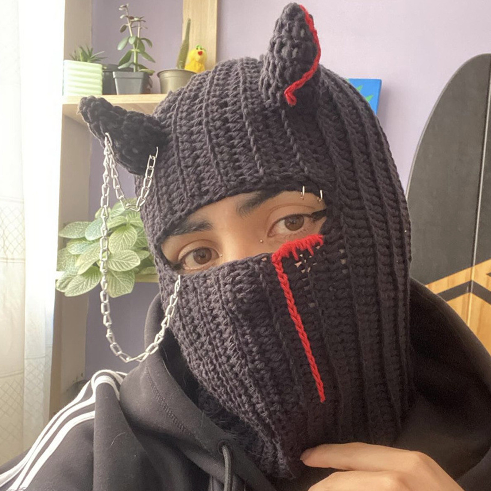 Knit Balaclava Hat with Cowhorn Full Face Mask Halloween Costume Headwear Unisex - Picture 73 of 73