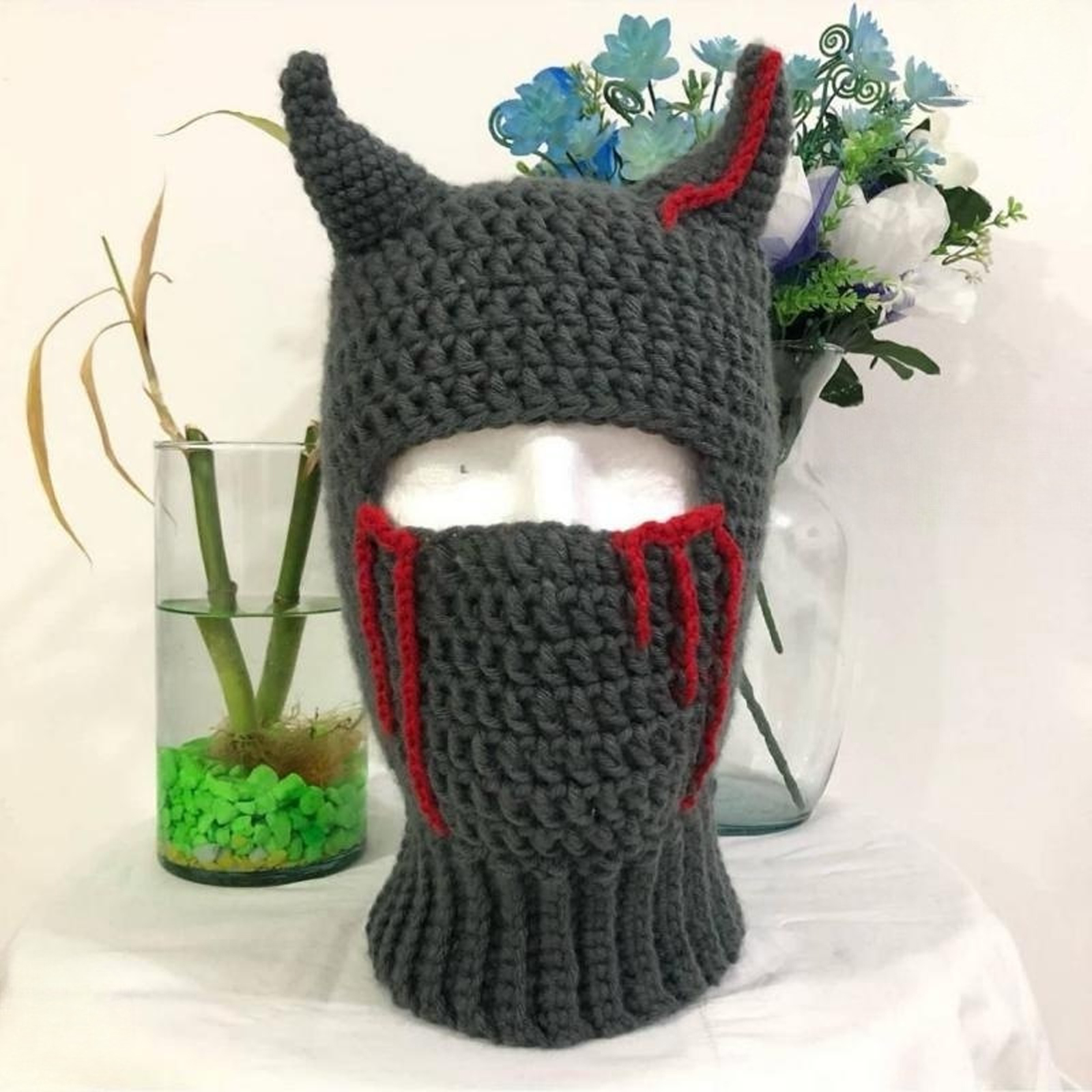Knit Balaclava Hat with Cowhorn Full Face Mask Halloween Costume Headwear Unisex - Picture 70 of 73