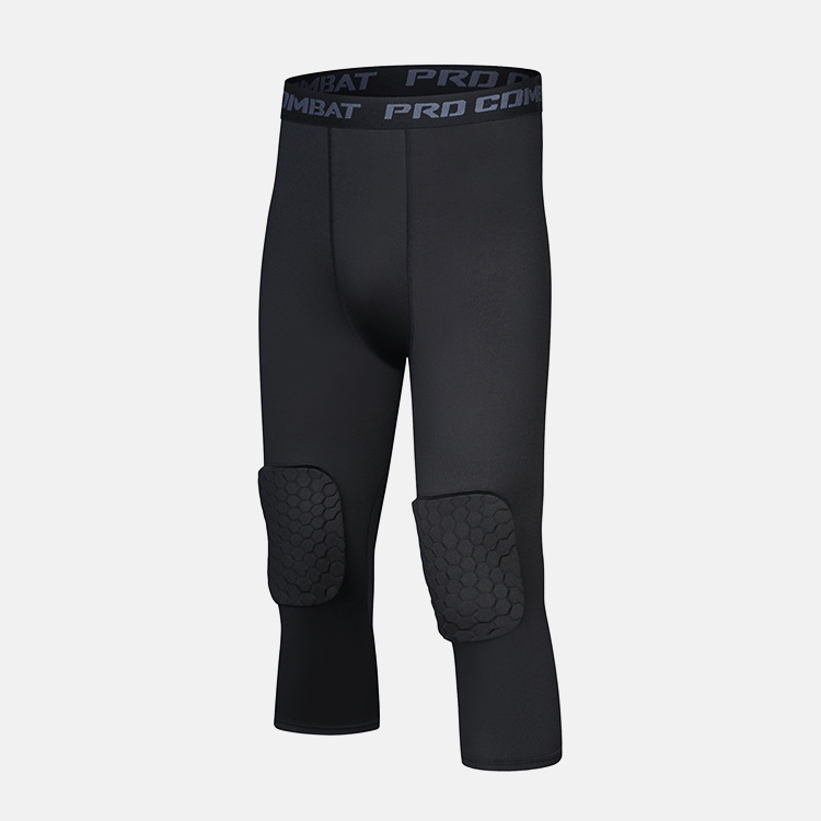 Men Sport Basketball Tight Capri Pants with Knee Pads Quick-Drying Leggings