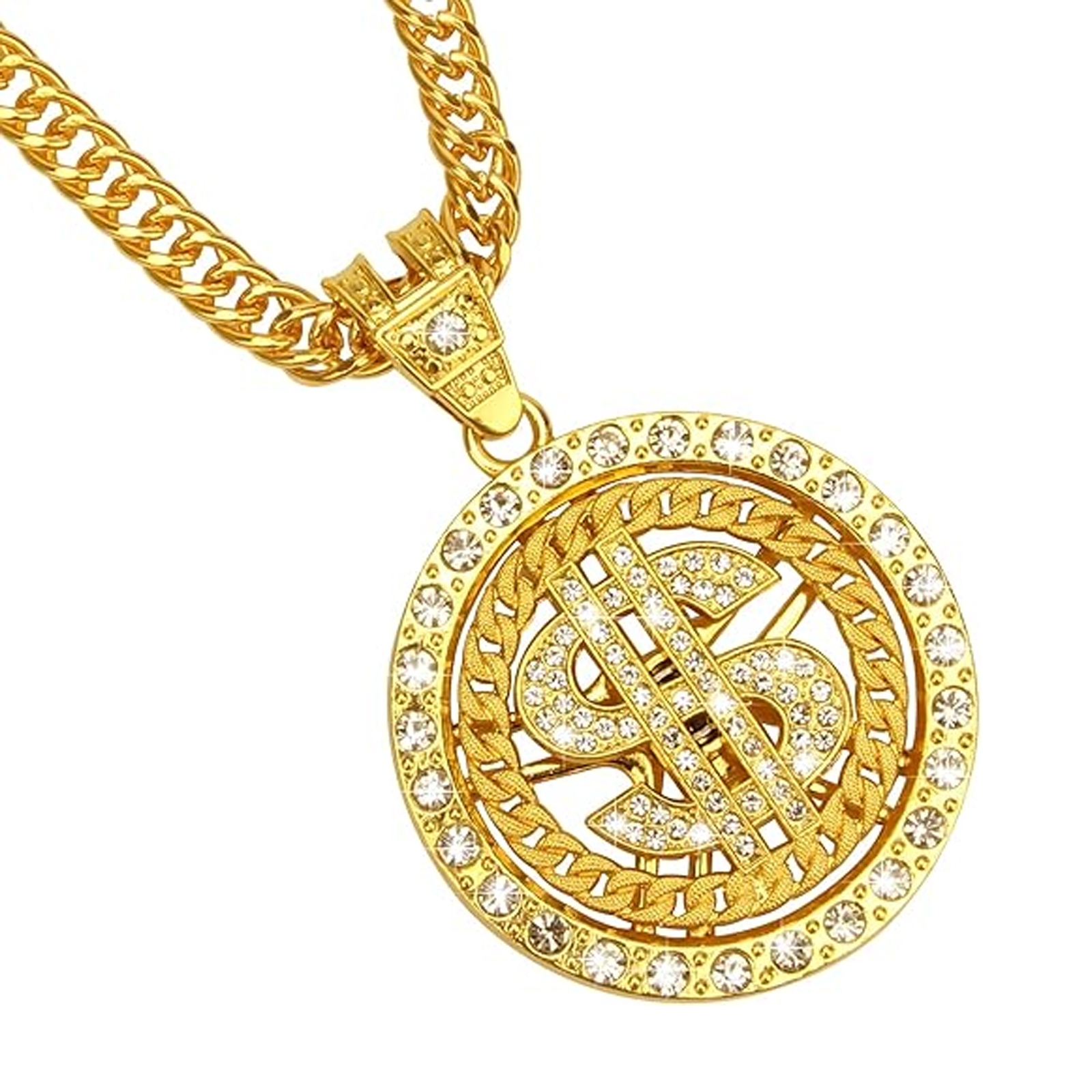 Rotatable Necklace Chain with Dollar Sign Bling Hip Hop Rapper Chain Pendant